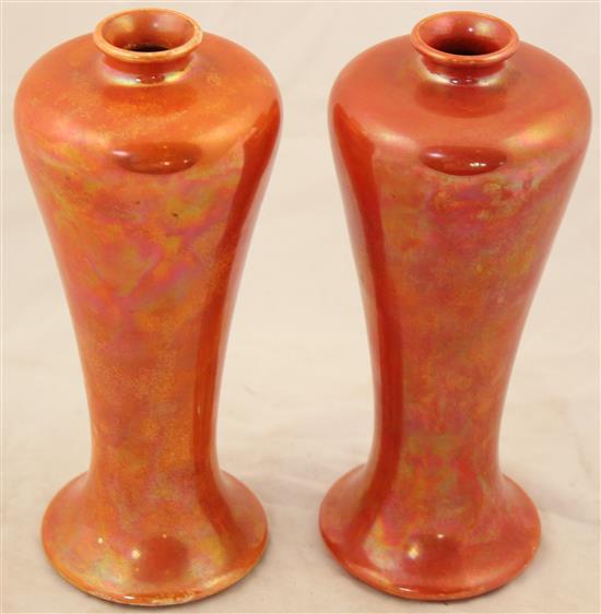 Pair of Ruskin orange lustre meiping shaped vases, c.1920(-)